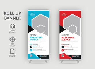 Business Roll-Up Set. Standee Design. Banner Template, Roll up banner design with hexagon shapes artwork hexagon patterns, and image