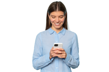 Cute smiling girl reading corporate online chat on phone