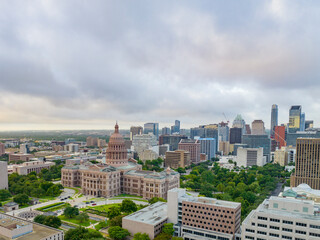 Austin, Texas, USA. July 8th, 2022. Aerial shot of Austin downtown high rise, showing Texas Capital building