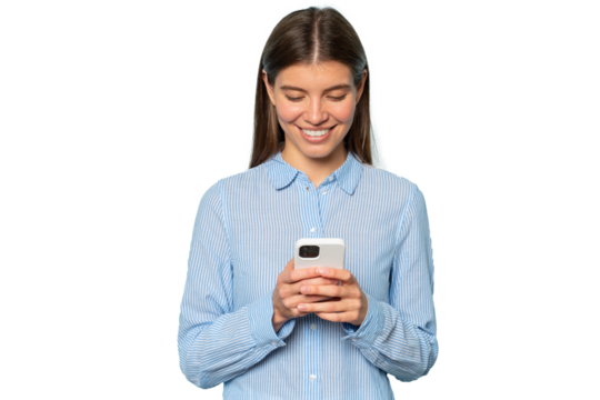 Cute smiling girl reading corporate online chat on phone