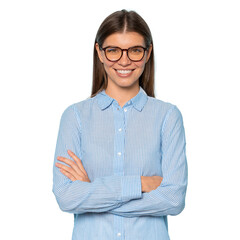 Half length of confident millennial businesswoman in spectacles with crossed arms - obrazy, fototapety, plakaty