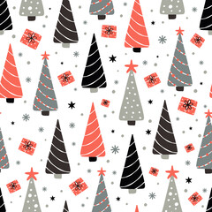 Christmas seamless pattern with spruce trees and snowflake dots on white background. Background for wallpapers, textiles, papers, gift boxes, fabrics, web pages. Vintage style.
