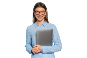 Caucasian college student in big glasses holding laptop tightly