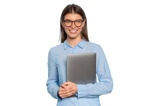 Caucasian college student in big glasses holding laptop tightly