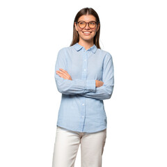Smiling pensive female CEO in business spectacles standing near table with laptop