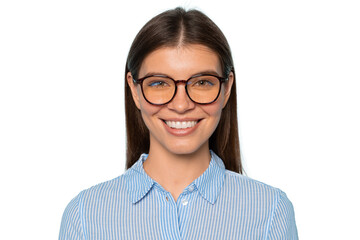 Headshot portrait of young businesswoman in glasses smiling at camera