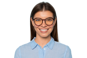 Headshot portrait of young businesswoman in glasses smiling at camera