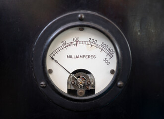 Closeup of a old analog milliammeter for 500 milliampere of direct current, isolated on black.