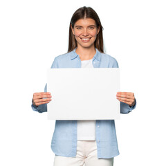 Female executive manager holding white blank banner
