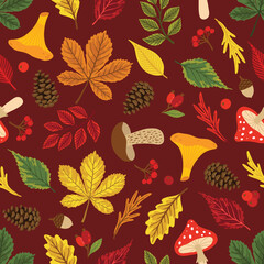 Seamless pattern with acorns, autumn leaves, mushrooms. Perfect for wallpaper, gift paper, pattern fill, autumn greeting cards.