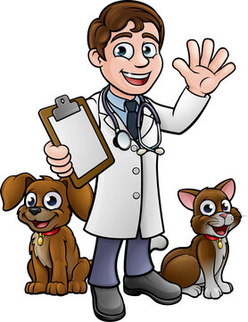 Cartoon Veterinarian Character with Cat and Dog