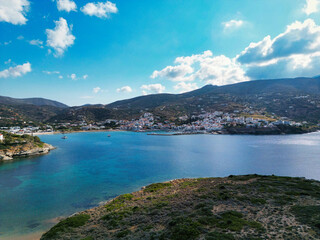 Batsi of Andros aerial picture as seen on a beautiful day, Cyclades, Greece