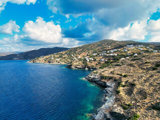 Batsi of Andros aerial picture as seen on a beautiful day, Cyclades, Greece