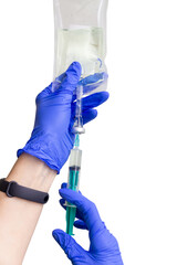 A female doctor or nurse in rubber gloves prepares the injection.