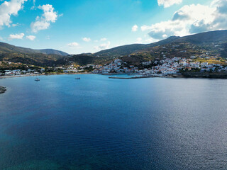 Fototapeta na wymiar Batsi of Andros aerial picture as seen on a beautiful day, Cyclades, Greece