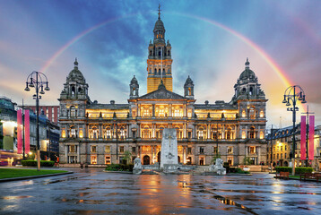 Fototapeta na wymiar Rainbow over Glasgow City Chambers and George Square, Scotland - UK