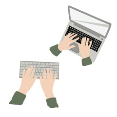Fototapeta premium Man programmer working on computer with code on screen set illustration. The programmer is working on writing code. Cartoon character working on a computer isolated on a white background. 