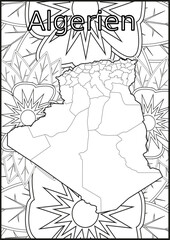 Schwarze und weiße Blume mit der Landkarte Algerien in der Mitte Muster für Erwachsene Färbung Buch. Doodle floral Zeichnung. Kunsttherapie Färbung Seite.