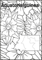 Schwarze und weiße Blume mit der Landkarte Äquatorialguinea in der Mitte Muster für Erwachsene Färbung Buch. Doodle floral Zeichnung. Kunsttherapie Färbung Seite.