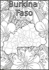 Schwarze und weiße Blume mit der Landkarte Burkina Faso in der Mitte Muster für Erwachsene Färbung Buch. Doodle floral Zeichnung. Kunsttherapie Färbung Seite.