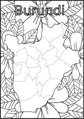 Schwarze und weiße Blume mit der Landkarte Burundi in der Mitte Muster für Erwachsene Färbung Buch. Doodle floral Zeichnung. Kunsttherapie Färbung Seite.