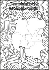 Schwarze und weiße Blume mit der Landkarte Demokratische Republik Kongo in der Mitte Muster für Erwachsene Färbung Buch. Doodle floral Zeichnung. Kunsttherapie Färbung Seite.