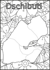Obraz premium Schwarze und weiße Blume mit der Landkarte Dschibuti in der Mitte Muster für Erwachsene Färbung Buch. Doodle floral Zeichnung. Kunsttherapie Färbung Seite.