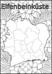 Schwarze und weiße Blume mit der Landkarte Elfenbeinküste in der Mitte Muster für Erwachsene Färbung Buch. Doodle floral Zeichnung. Kunsttherapie Färbung Seite.