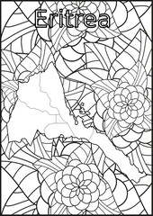 Obraz premium Schwarze und weiße Blume mit der Landkarte Eritrea in der Mitte Muster für Erwachsene Färbung Buch. Doodle floral Zeichnung. Kunsttherapie Färbung Seite.
