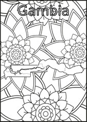 Schwarze und weiße Blume mit der Landkarte Gambia in der Mitte Muster für Erwachsene Färbung Buch. Doodle floral Zeichnung. Kunsttherapie Färbung Seite.