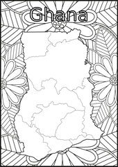 Schwarze und weiße Blume mit der Landkarte Ghana in der Mitte Muster für Erwachsene Färbung Buch. Doodle floral Zeichnung. Kunsttherapie Färbung Seite.