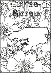 Schwarze und weiße Blume mit der Landkarte Guinea-Bissau in der Mitte Muster für Erwachsene Färbung Buch. Doodle floral Zeichnung. Kunsttherapie Färbung Seite.