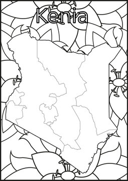 Schwarze und wei&szlig;e Blume mit der Landkarte Kenia in der Mitte Muster f&uuml;r Erwachsene F&auml;rbung Buch. Doodle floral Zeichnung. Kunsttherapie F&auml;rbung Seite.