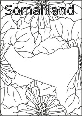 Schwarze und weiße Blume mit der Landkarte Somaliland in der Mitte Muster für Erwachsene Färbung Buch. Doodle floral Zeichnung. Kunsttherapie Färbung Seite.
