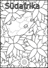 Obraz premium Schwarze und weiße Blume mit der Landkarte Südafrika in der Mitte Muster für Erwachsene Färbung Buch. Doodle floral Zeichnung. Kunsttherapie Färbung Seite.
