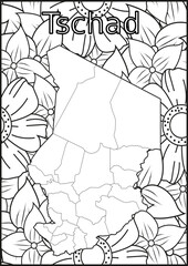 Schwarze und weiße Blume mit der Landkarte Tschad in der Mitte. Muster für Erwachsene Färbung Buch. Doodle floral Zeichnung. Kunsttherapie Färbung Seite.