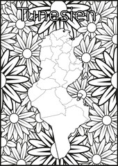 Schwarze und weiße Blume mit der Landkarte Tunesien in der Mitte. Muster für Erwachsene Färbung Buch. Doodle floral Zeichnung. Kunsttherapie Färbung Seite.