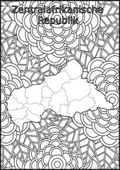Schwarze und weiße Blume mit der Landkarte Zentralafrikanische Republik in der Mitte. Muster für Erwachsene Färbung Buch. Doodle floral Zeichnung. Kunsttherapie Färbung Seite.