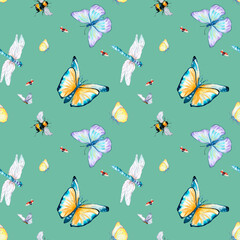 Grassland insects watercolor illustration seamless pattern on azure.