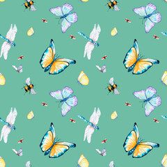 Grassland insects watercolor illustration seamless pattern on azure.