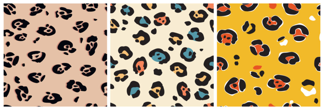Seamless background of fashionable exotic pattern with leopard skin and spots of different colors. Set Artistic collage of animal drawing. template for fabric design, cover, wallpaper.