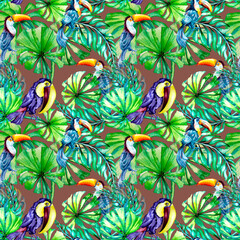 Toucan tropical birds and palm leaves watercolor seamless pattern on dark background. © Ekaterina Lanbina