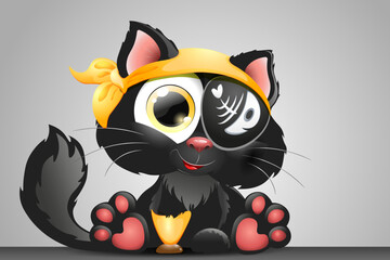 A black pirate cat with a yellow headband, a golden crutch and an eye patch with a fish bone