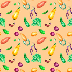 Variety of colorful vegetables watercolor seamless pattern on beige.
