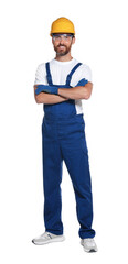 Professional builder in uniform isolated on white