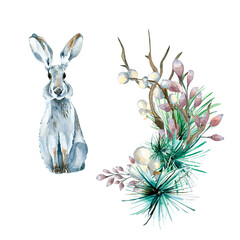 Set for Christmas composition with hare watercolor illustration isolated on white.