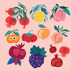 Set of fruits elements Doodle drawing  Strawberry. apple, peach, pear, pomegranate, lemon, plum, grapes   Vector  cute hand drawn illustration