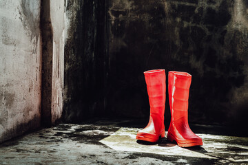 Pair of Red rubber rain boots with old bare cement wall background. Space for text, Selective focus.