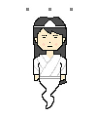 Pixel art female ghost with a straight face