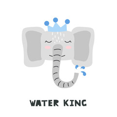 Cute elephant head with crown. Hand drawn vector character. Scandinavian cartoon style. For web, posters, invitations, postcards, greeting cards, flyers, etc.